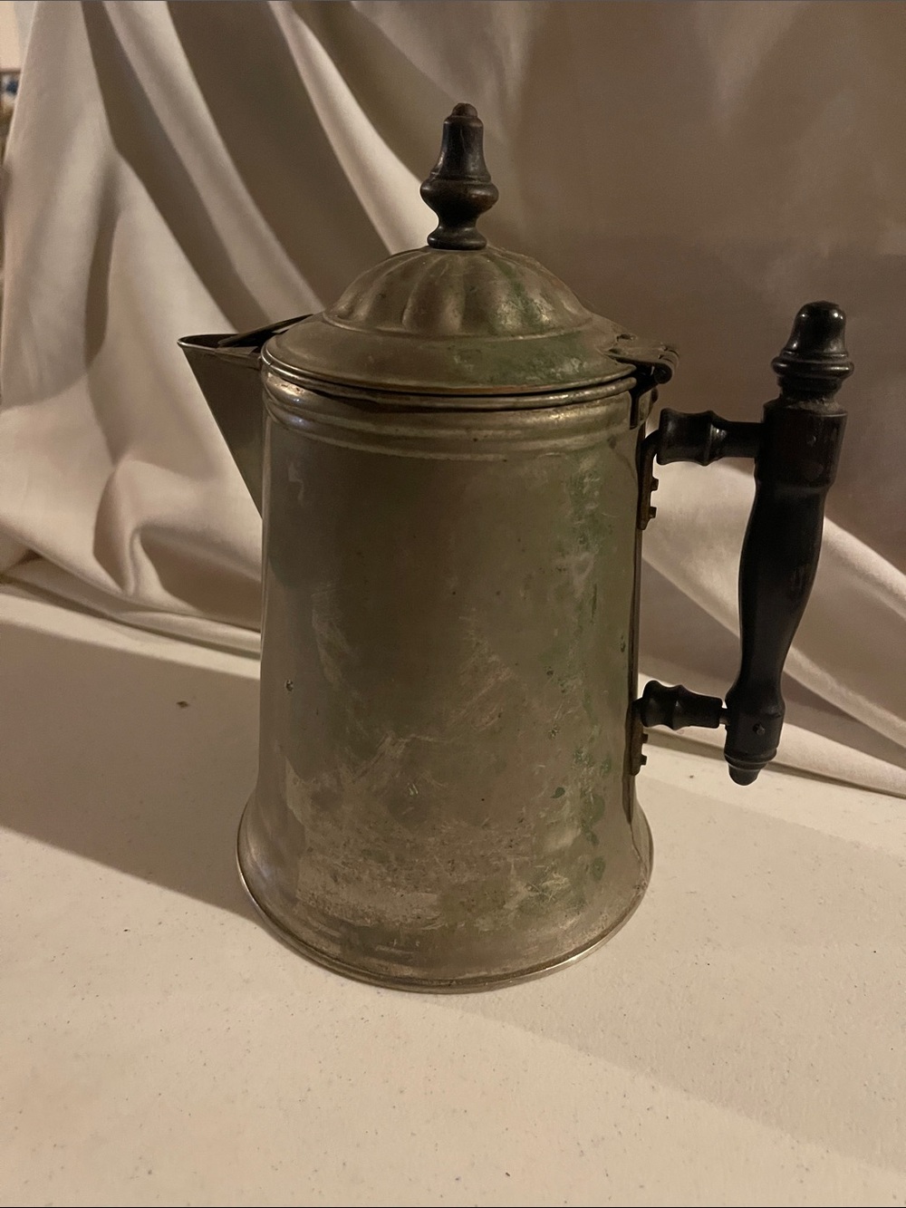 Antique Style Pewter Coffee Pot with Black Handle - Green Patina
